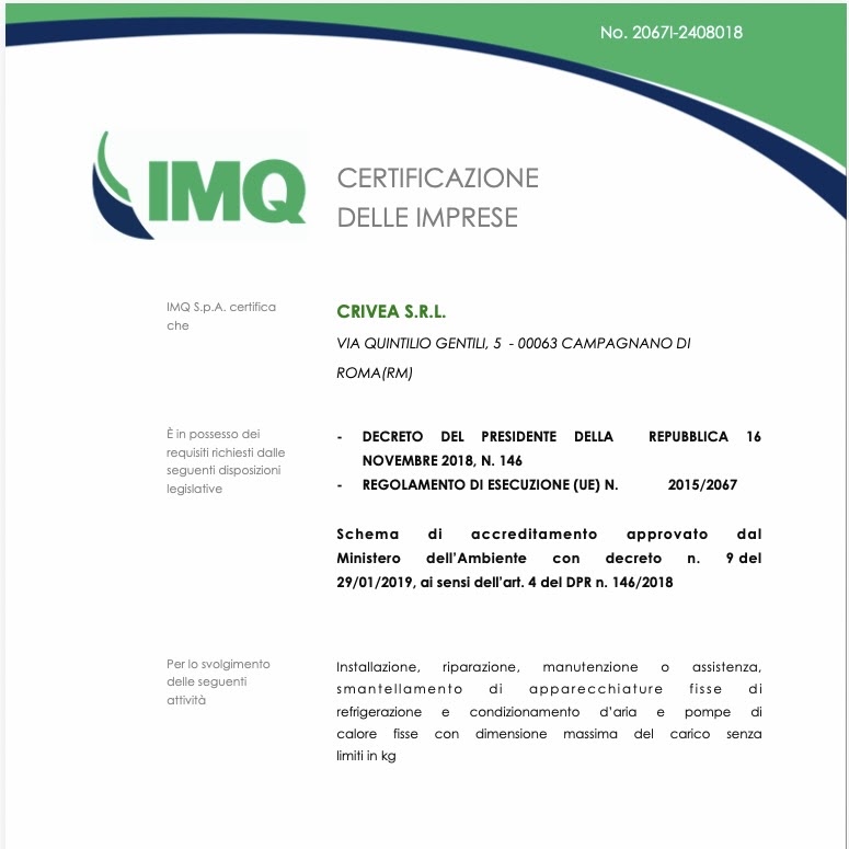 Certificazione F-GAS IMQ – Crivea Srl