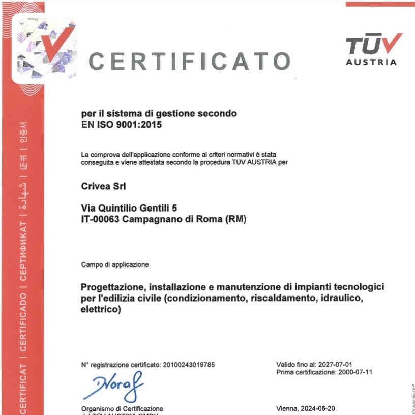 Certificato ISO 9001:2015 TÜV Austria – Crivea Srl